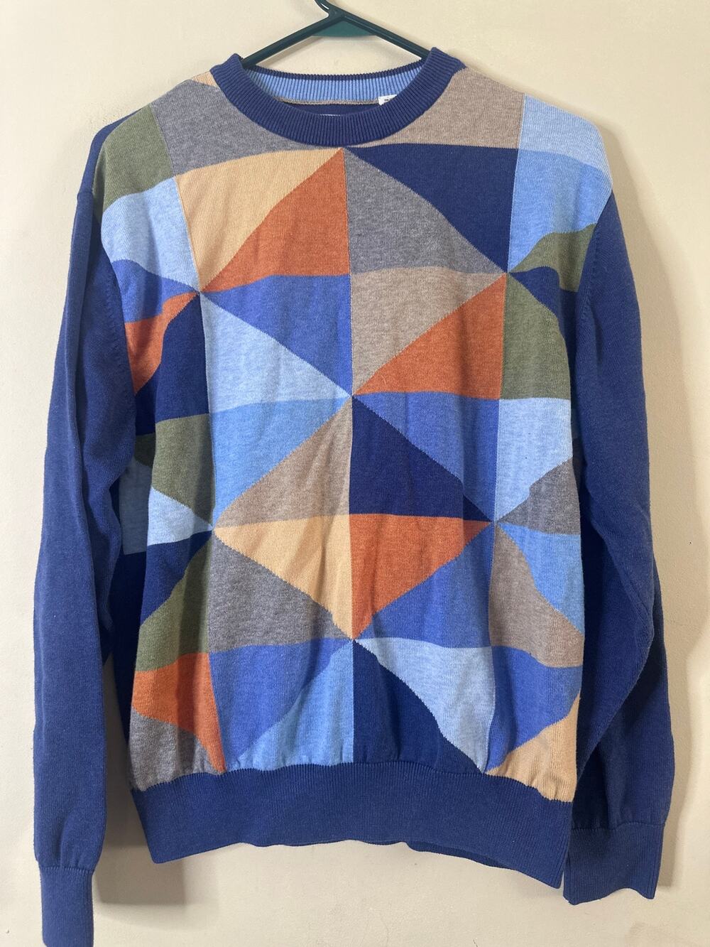 ALEX CANNON Cotton Knit Pull-over Sweater 10 M Navy Blue Brown Geometric Pattern